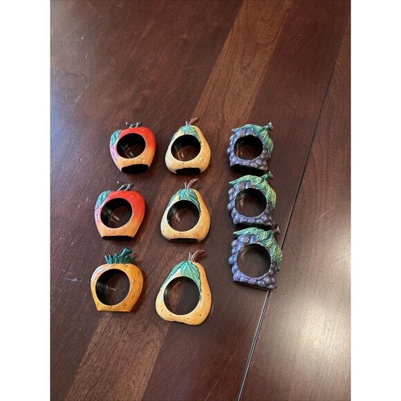 Vtg‎ Fruit Napkin Rings Apple Grapes Pear Pineapple Table Decor Resin Set of 9 - Picture 3 of 6
